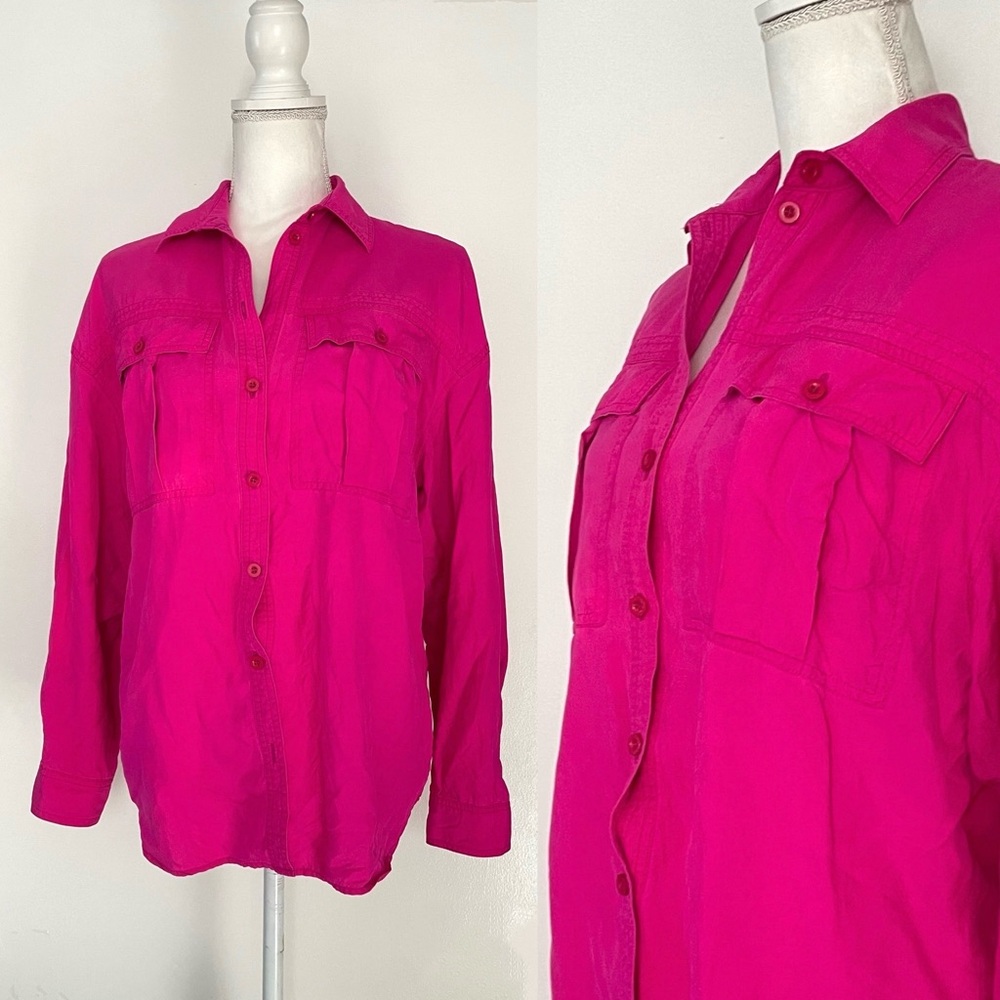 Vintage Hot Pink Silk Long Sleeve Button Up Cargo Shirt by EPB Easy